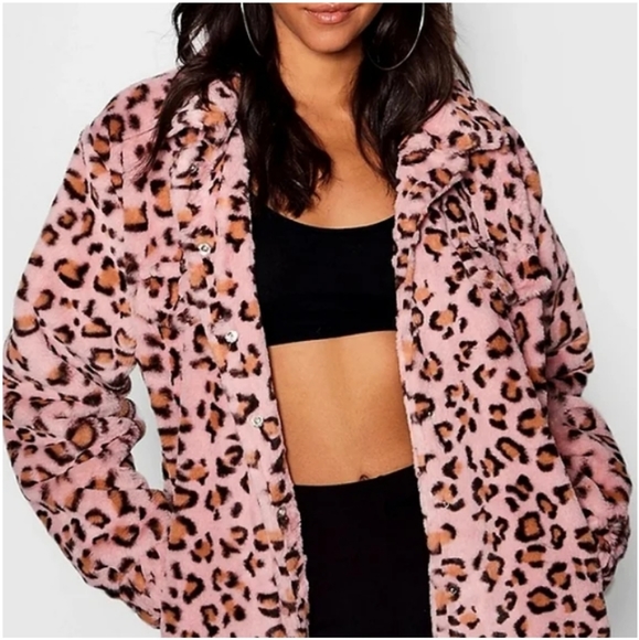 V.S..PINK " Know One Cares" Leopard Print Faux Fur Semi Cropped Jacket (Pink)-L - Picture 2 of 5